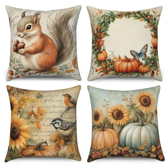 Dashan Fall Throw Pillow Covers 18x18 4 PCS Pumpkin Squirrel Thanksgiving Couch Cushion Pillowcases for Sofa Living Room
