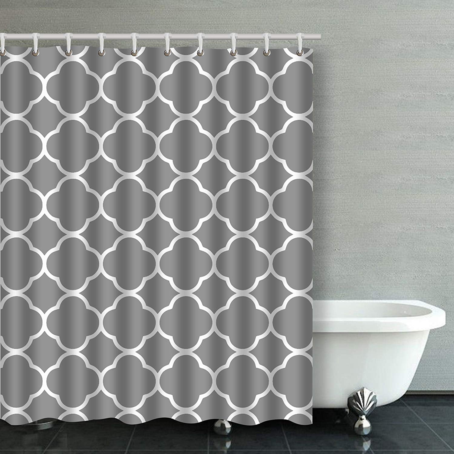ARTJIA Silver Grey Moroccan Quatrefoil Bathroom Shower Curtain 60x72 inches