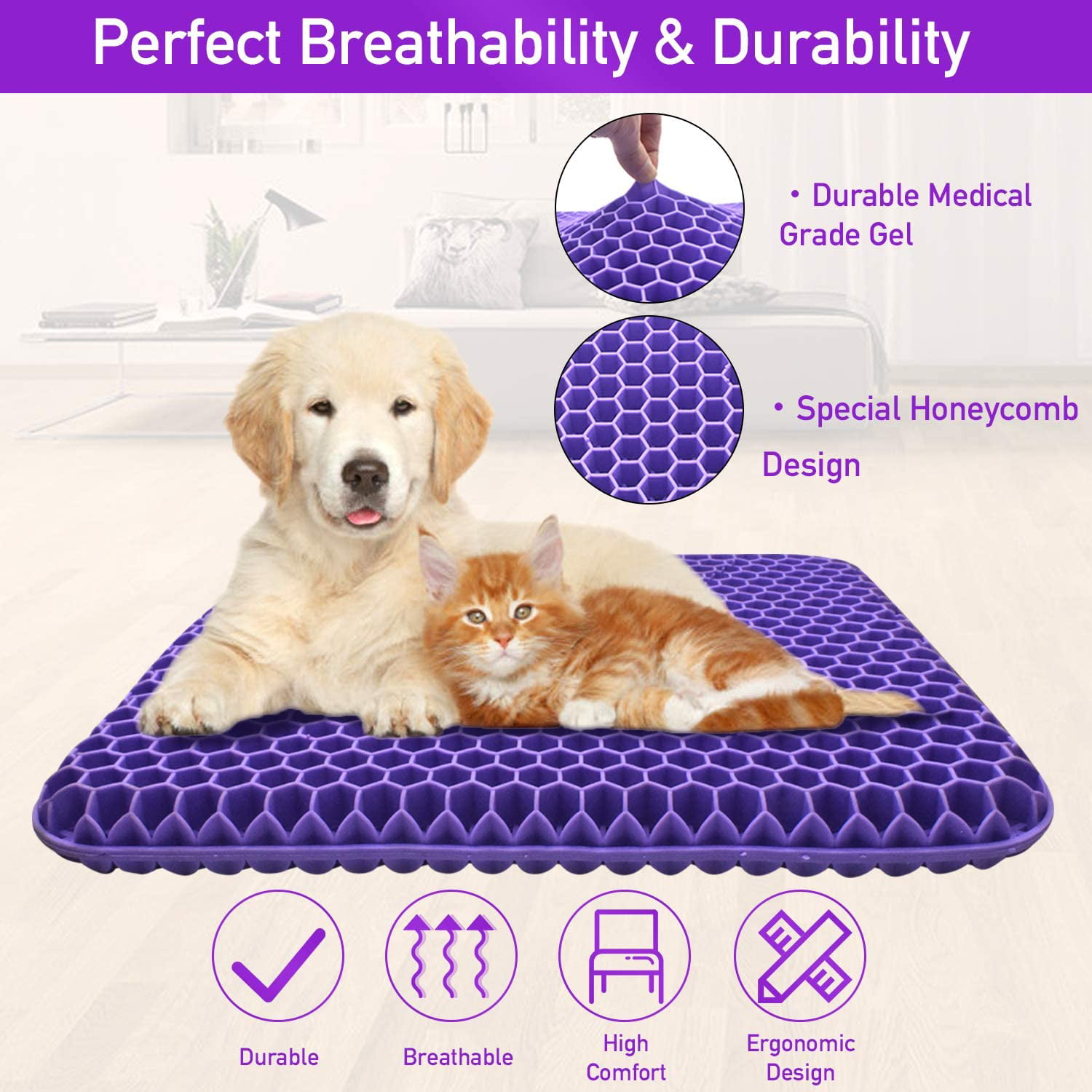 ComforTec Purple Gel Seat Cushion - Honeycomb Cooling Seat Cushion Back  Support, Pressure Relief & Long Sitting - Non-Slip Chair Cushion Traveling