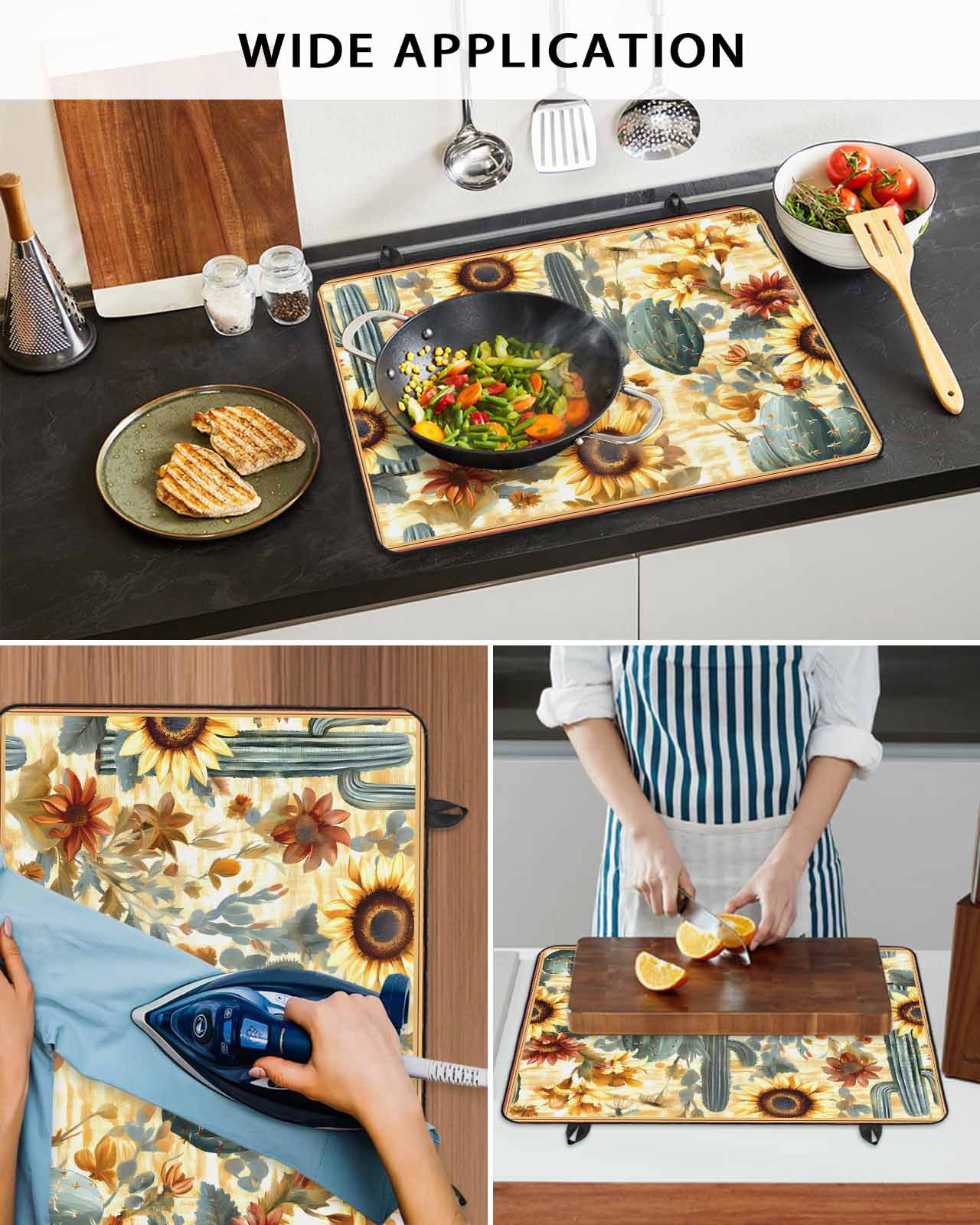 nqOlkjepod Large Induction Cooktop Protector Mat 36"x21", Cactus Sunflowers Stove Top Covers for Electric Stove, Watercolor Summer Floral Decorative Stove Burner Cover Mats, Glass Top Stove Cover