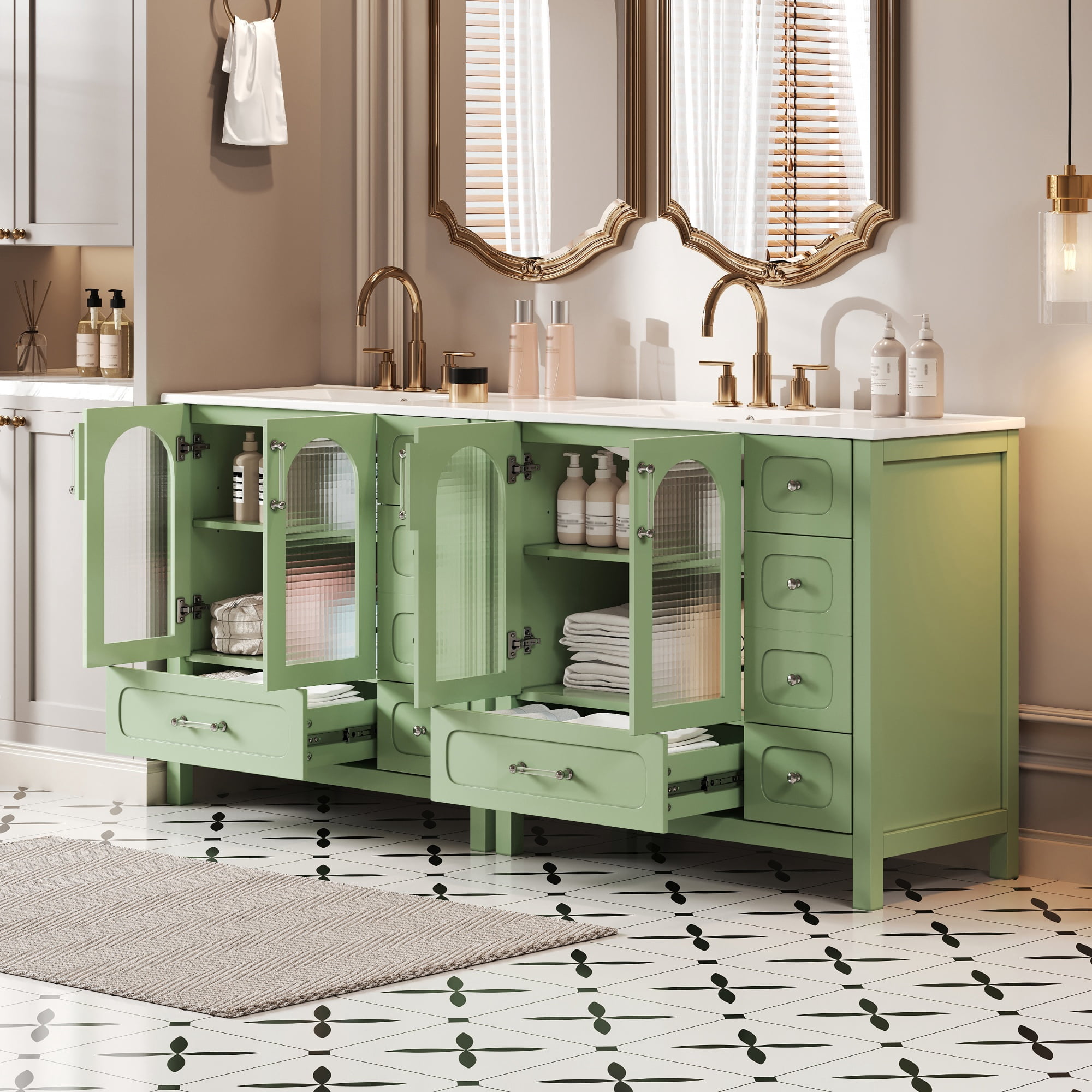 Euroco 48'' Modern Bathroom Vanity with Turquoise Finish, 8 Drawers, Waffle Glass Doors & Soft-Close Hinges, Fits 8” Faucet (Faucet Not Included)