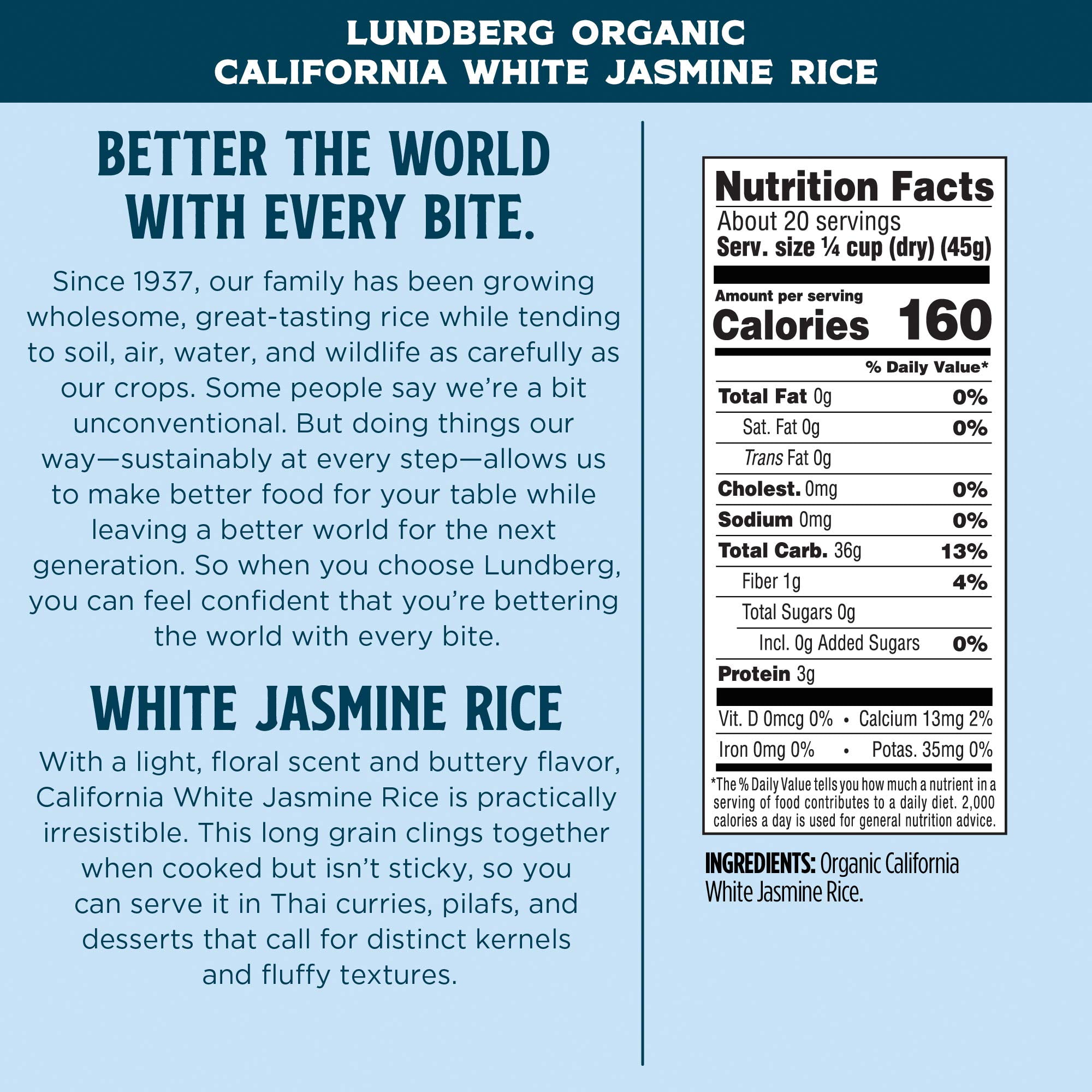 Lundberg Family Farms - Organic California White Jasmine Rice, Floral Scent, Buttery Flavor, Clings When Cooked, Bulk Rice, Gluten-Free, Non-GMO, USDA Certified Organic, Vegan, Kosher (32 oz, 6-Pack)