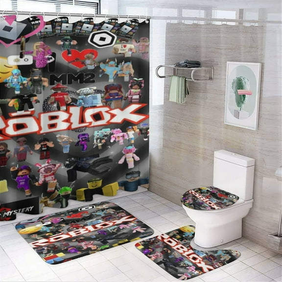 Roblox Power 4 Pcs Shower Curtain Sets Non-Slip Rugs Bath Mat Toilet Cover U Shaped Mat for Bathroom Decor Bathroom Set 72" X 72"