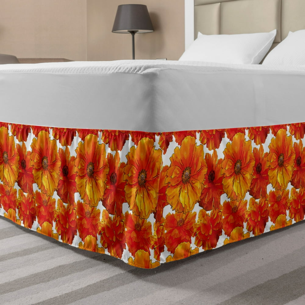 Orange Bed Skirt, Big Flourishing Bohemian Poppies on the Antique