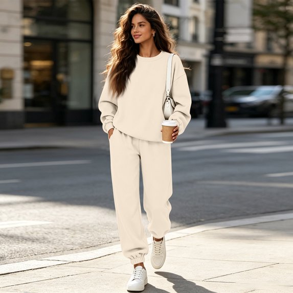 Women 2 Piece Outfits Fall Sweatsuit Lounge Set | Long Sleeve Drop Shoulder Crewneck Sweatshirt,Wide Leg Sweatpants,Casual Tracksuit,Winter Vacation Travel Outfits Khaki L