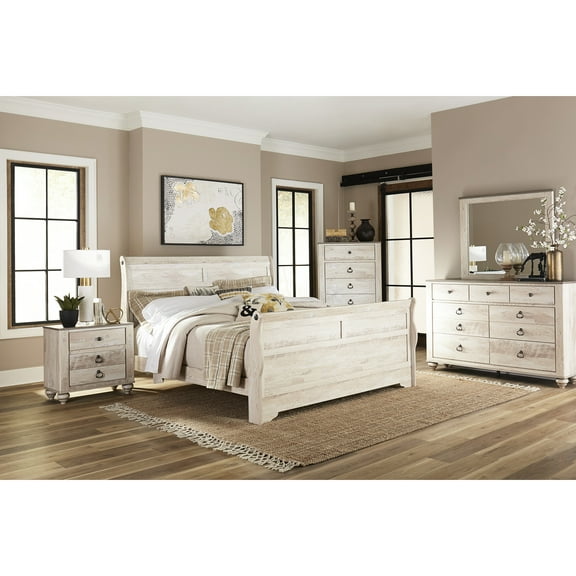 Modern Bedroom With King Bed - Dresser, Mirror, 2 Nightstands, Chest In White Wash Rustic Urban Captivating Appeal Collection Bed,