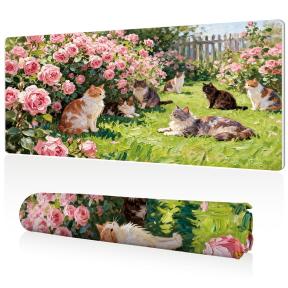 LIVEKEY Mouse Pad Ultra Large 80x40x0.3cm Full Desk Coverage Garden Cats and Pink Roses Art Design with Sewn Edges for Gaming Office