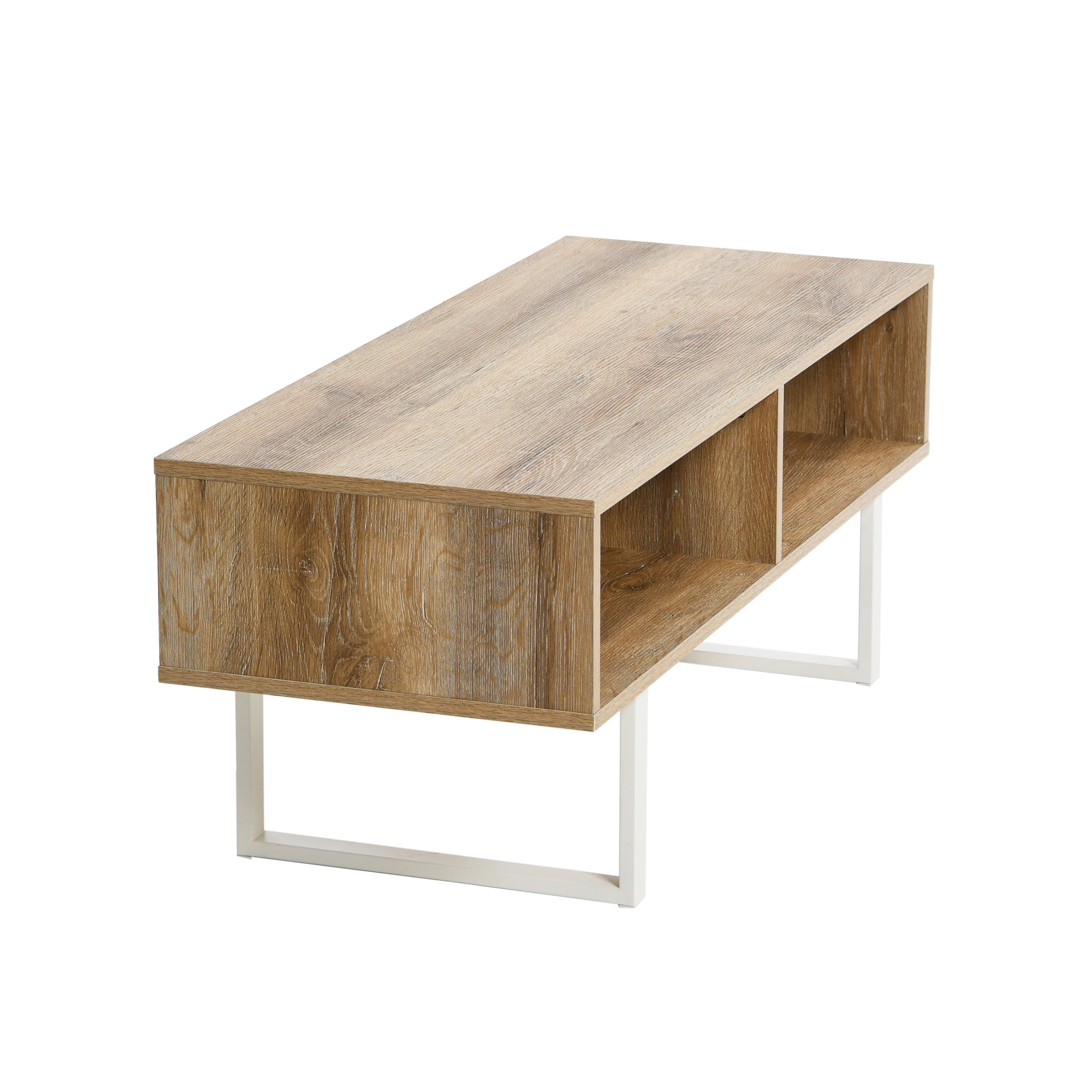 Household Essentials Jamestown TV Stand Coffee Table with Rectangular Storage Compartments Coastal Oak Rustic Wood Grain and White Metal