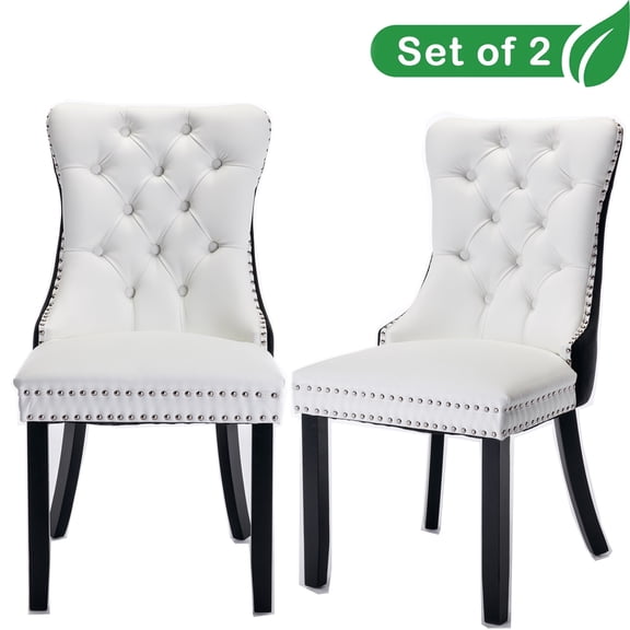 GAKMCIL PU Leather Dining Chairs(Set of 2),Modern Velvet Wood Dining Chair with Nailhead Back and Ring Pull Trim,Solid Wood Legs,350lb Load for Dining Room,Kitchen and Living Room(White&Black)