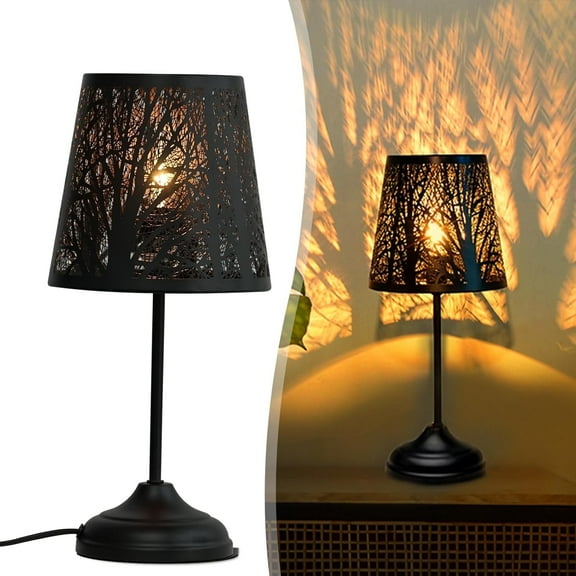 15" Antique Black Metal Forest Table Lamp, Hollowed-Out Night Light for Living Room & Bedroom Decor