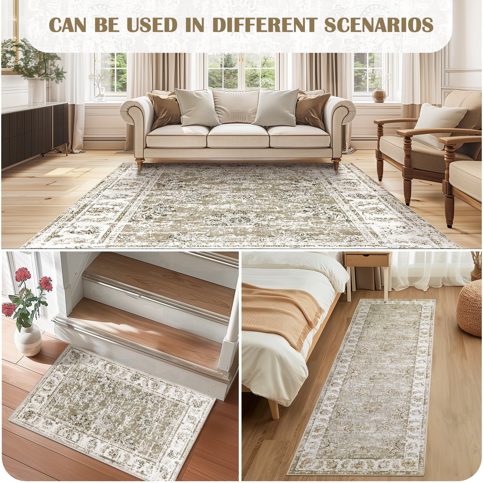 RUGKING Runner Rug 2x10 Vintage Taupe Area Rug Non-Slip Floral Print Indoor Thin Carpet Retro Accent Rug for Kitchen Bathroom Bedroom Entryway Hallway