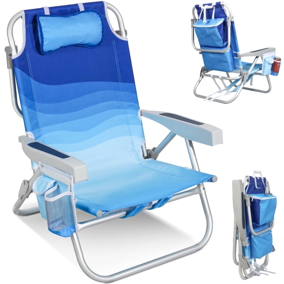 Low Beach Chairs for Adults – 5-Position Lay-Flat Backpack Chair with Large Insulated Cooler & Storage Pocket, Aluminum Frame, Portable for Travel & Outdoor, Supports 300lbs, Wave Blue