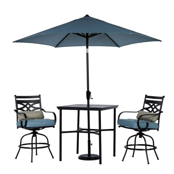Hanover Montclair 3-Piece All-Weather Outdoor Patio High Dining Set, 2 Swivel Counter-Height Chairs with Comfortable Seat and Lumbar Cushions, 33" Square Stamped Rectangle Table, Umbrella, and Base