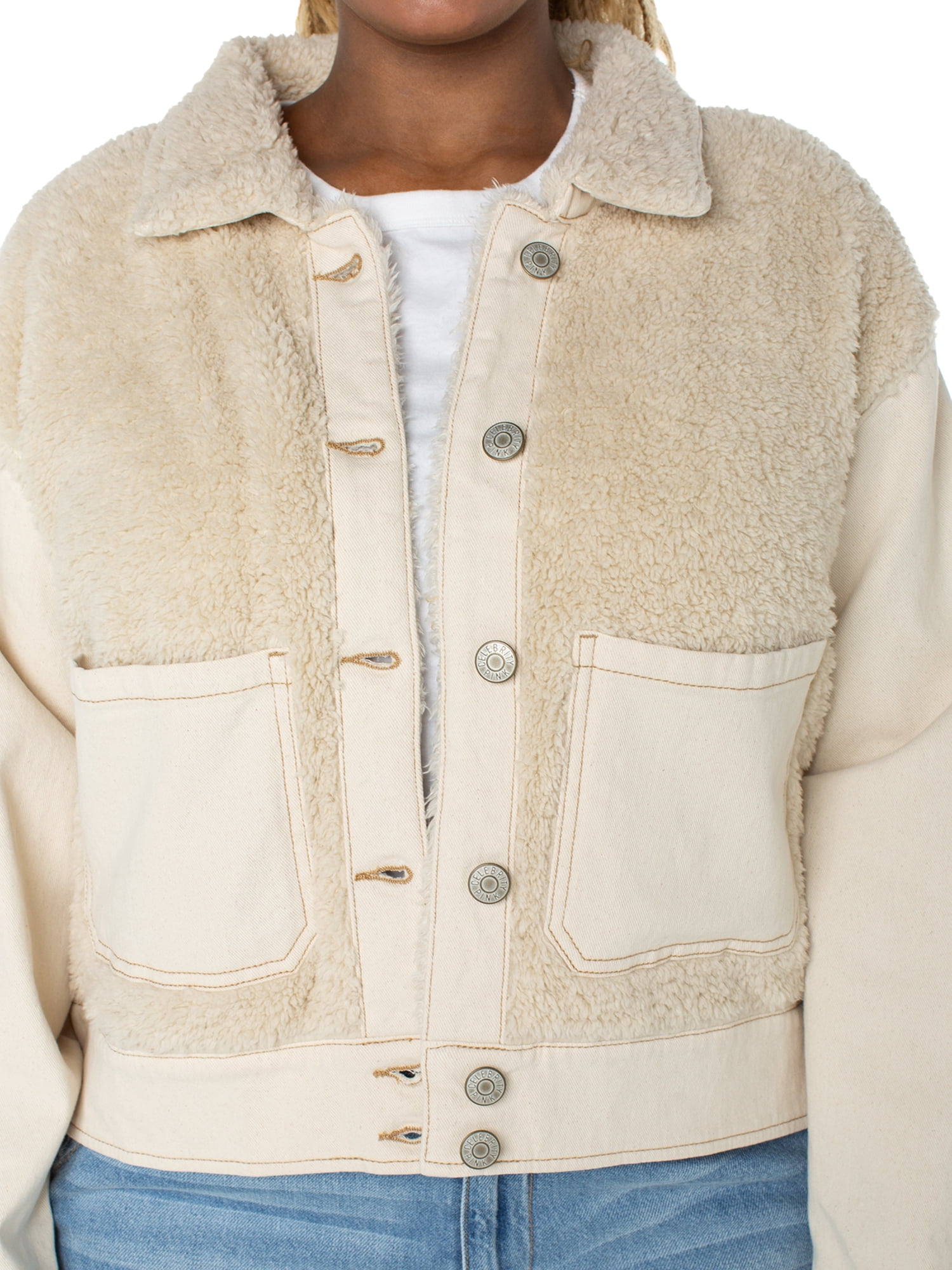 Celebrity Pink Women's and Women's Plus Faux Shearling Denim Jacket, Sizes XS-4X