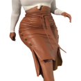 thumbnail image 1 of Women High Waist Button Trim Solid Color Slit Bodycon Leather Midi Pencil Skirt, 1 of 3