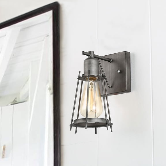 LNC Silver Brushed Finish Wall Lamp for Bedroom Reading Living Room, Cage-Inspired Wall Lamp for Bathroom Vanity Lighting, Mini Industrial Wall Sconce