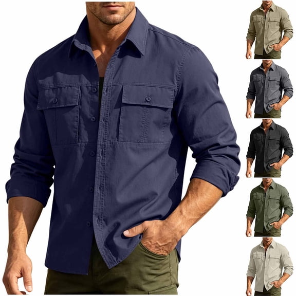 Josdec Men 4-Way Stretch Tactical Work Shirt, Multi Chest Pocket Quick Dry Breathable Long Sleeve Top, Outdoor Hiking Fishing Utility Casual Shirts M-5XL