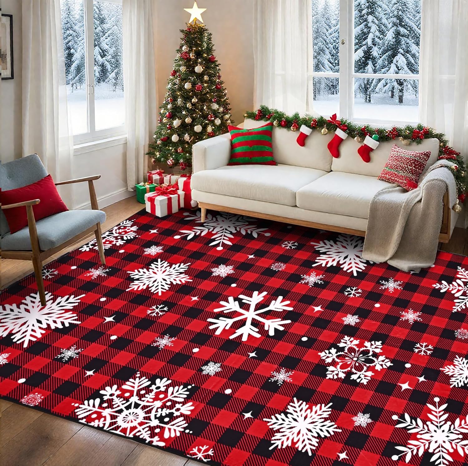 Bleum Cade Christmas Snowflake 5'x7' Area Rugs for Living Room, Washable Rugs for Bedroom Dinning Room,Red Buffalo Plaid Rug Ultra Soft Non Slip Durable Large Carpet Home Decor