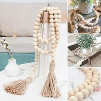 Wood Beads Garland with Tassels Farmhouse Rustic Wooden Prayer Bead String Wall Hanging Accent for Home Festival Decor. Natural