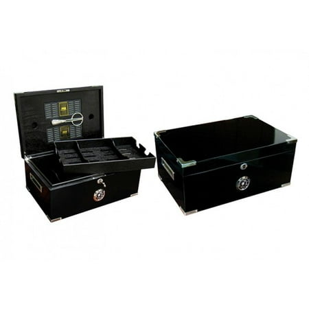 Black Finish Humidor - Dakota Desktop Cigar Humidor w/ Scissors - Deep Black Lacquer Finish - Capacity: 120