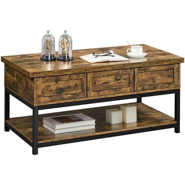 Alden Design Wooden Lift Top Coffee Table with Storage Shelf, Rustic