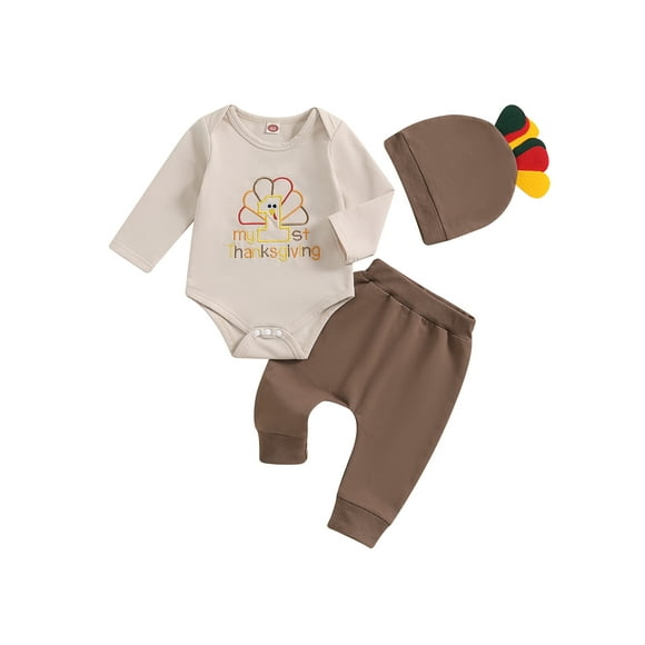 Gupgi Unisex Baby Thanksgiving Halloween Outfit Newborn Long Sleeve Turkey Pumpkin Romper Long Pants Hat 3Pcs Fall Infant Outfits