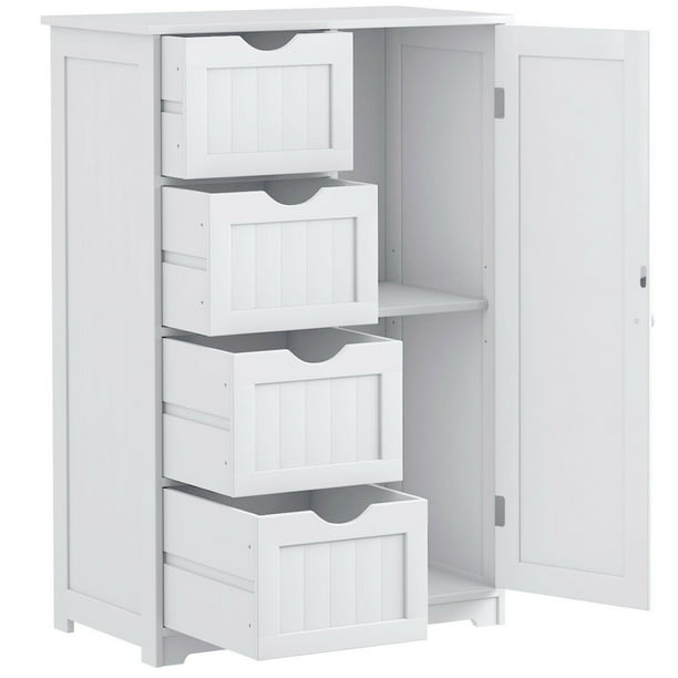 COSTWAY Meuble de Rangement Armoire de Rangement Salle de Bain Commode  Armoire Blanche MDF 55 x 30 x 81 cm avec 4 Tiroirs+1 Porte 