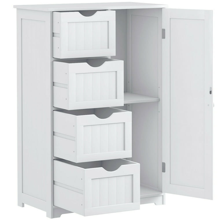 Costway Wooden 4 Drawer Bathroom Cabinet Storage Cupboard 2 Shelves Free  Standing