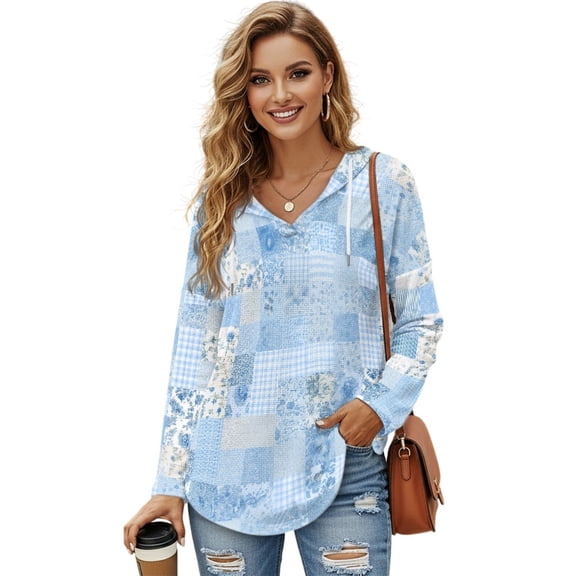 DISNIMO Floral Printed Shirts for Women Trendy Long Sleeve Hoodies V Neck Sweatshirts Waffle Tunics Top for Fall Winter, S