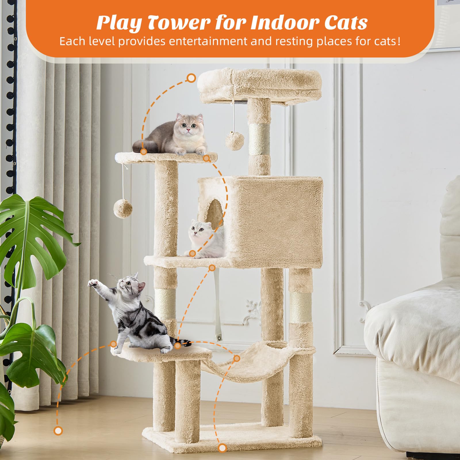 Atilioo 44 inch Cat Tree, Multi-Level Indoor Cat Tower with Condo, Hammock, Sisal Scratching Posts, Anti-Tip Bolts for Indoor Cats, Beige