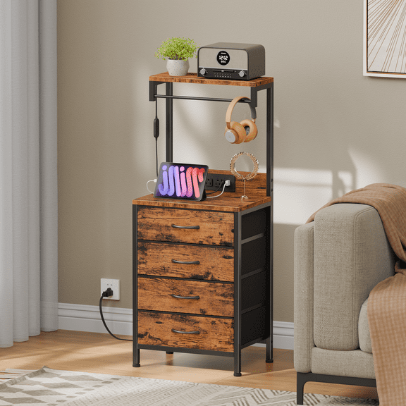 Satifur Tall Nightstand with Charging Station and 4 Fabric Drawers, LED Lights, Rustic Brown