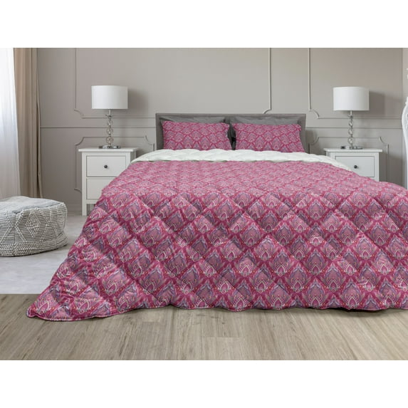 Antique Oriental Comforter & Sham Bedding Set, Pink Tones Eastern Inspired Traditional Motif, 3 pcs Duvet Set Microfiber Filling Quilt, 5 Sizes, Mustard Magenta, by Ambesonne