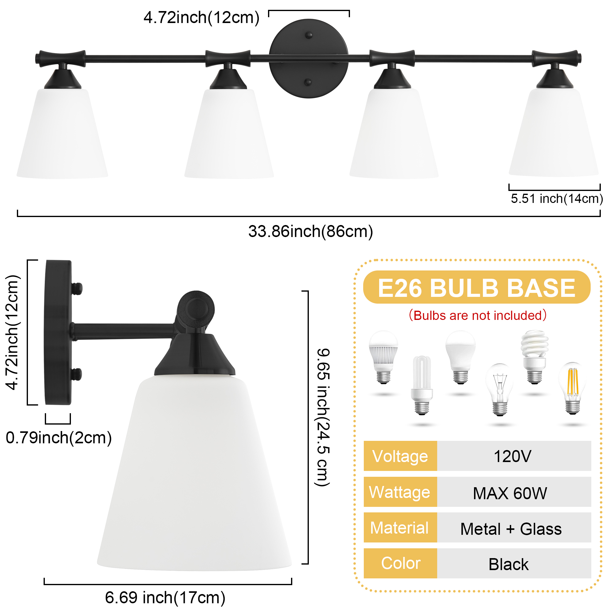 Deyidn Black 4-Light Modern Bathroom Vanity Light - 33.86-Inch Dimmable Bathroom Light Fixture with Milky White Glass Shades for Mirror Lighting