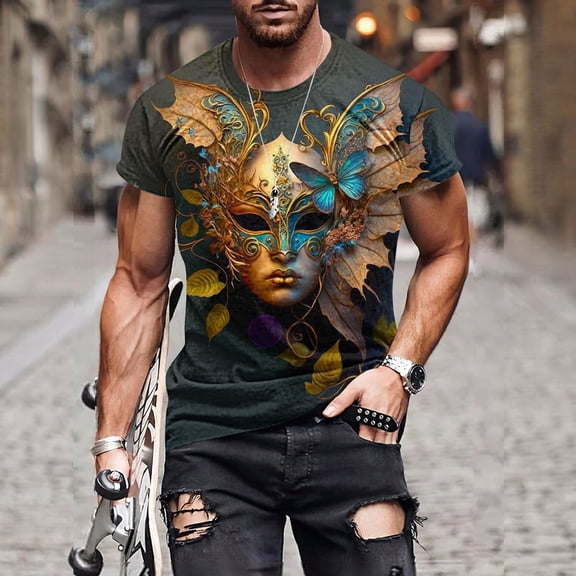 Xixinqiwan Men Tops Mardi Gras Mask Beads Shirts,Men's Tuesday Shirt Funny Mask Graphic Tee for New Orleans Carnival Party