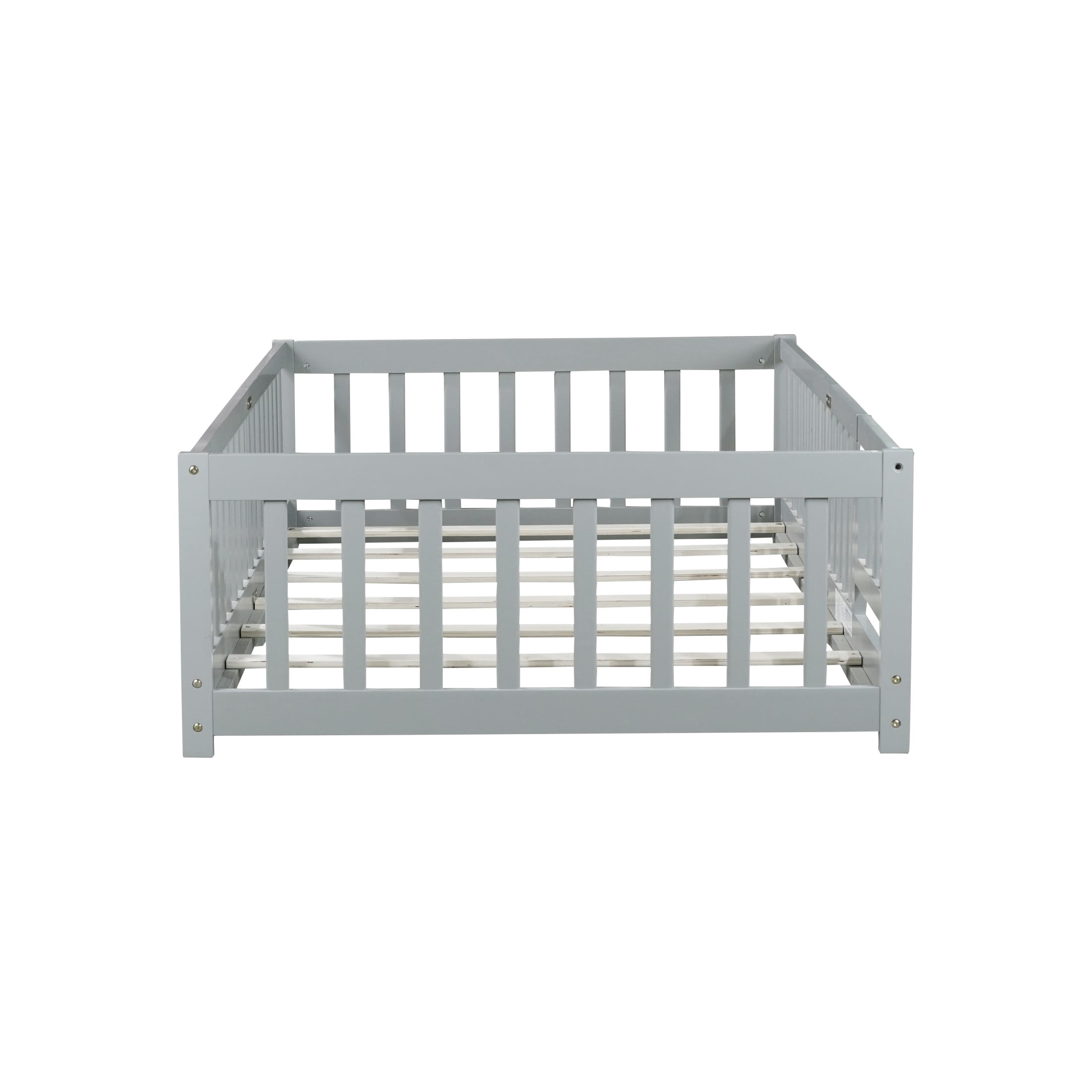 Noble House Twin Floor Bed with Safety Guardrails and Door, Rubber Wood Montessori Bed, Kid's Room, Gray