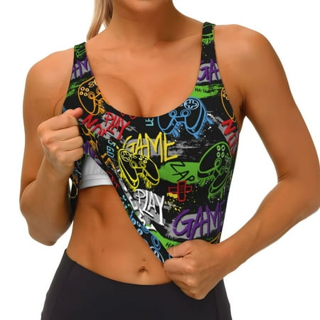 Qokaie Game Joysticks Pattern Womens Scoop Neck Sports Bra Breathable Workout Vest Padded U Back Medium Impact Fitness Gym Yoga Bra Workout Crop Top