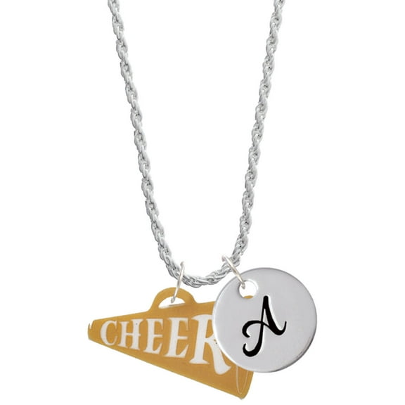 Delight Jewelry Acrylic 1.25" Goldtone Cheer Megaphone Silvertone Script Initial Disc - A - Charm Necklace, 20" 3"