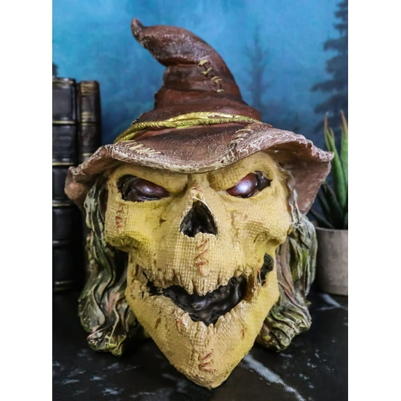Halloween Creepy Scarecrow Straw Man Skull With Faux Leather Stitch Hat Figurine