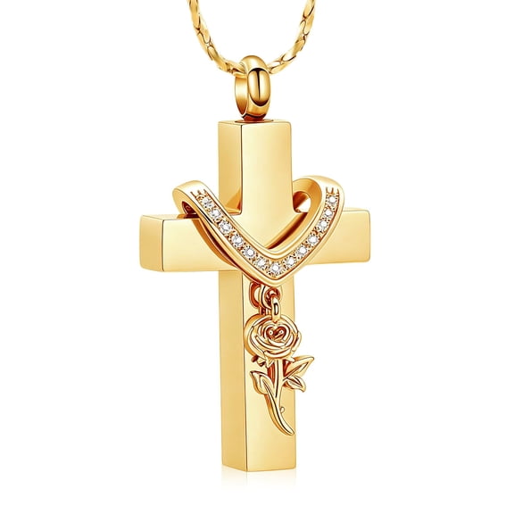 Rose Flower Cross Urn Pendant Cremation Jewelry for Ashes Holder Memory Necklace Human Pet Memorial Jewelry