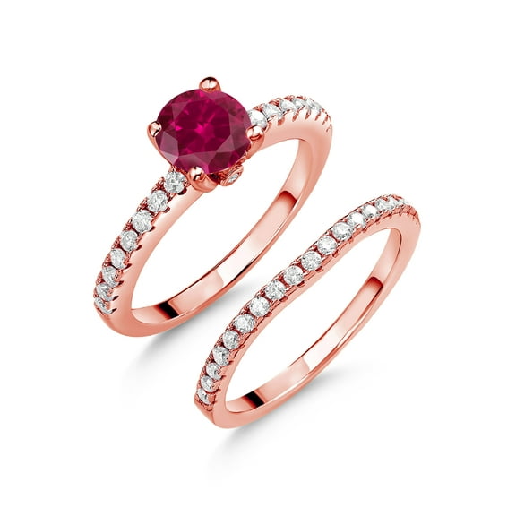 Gem Stone King 18K Rose Gold Plated Silver Red Created Ruby and White Moissanite Wedding Engagement Band Bridal Set Ring for Women (1.49 Cttw, Gemstone Birthstone, Available in Size 5, 6, 7, 8, 9)