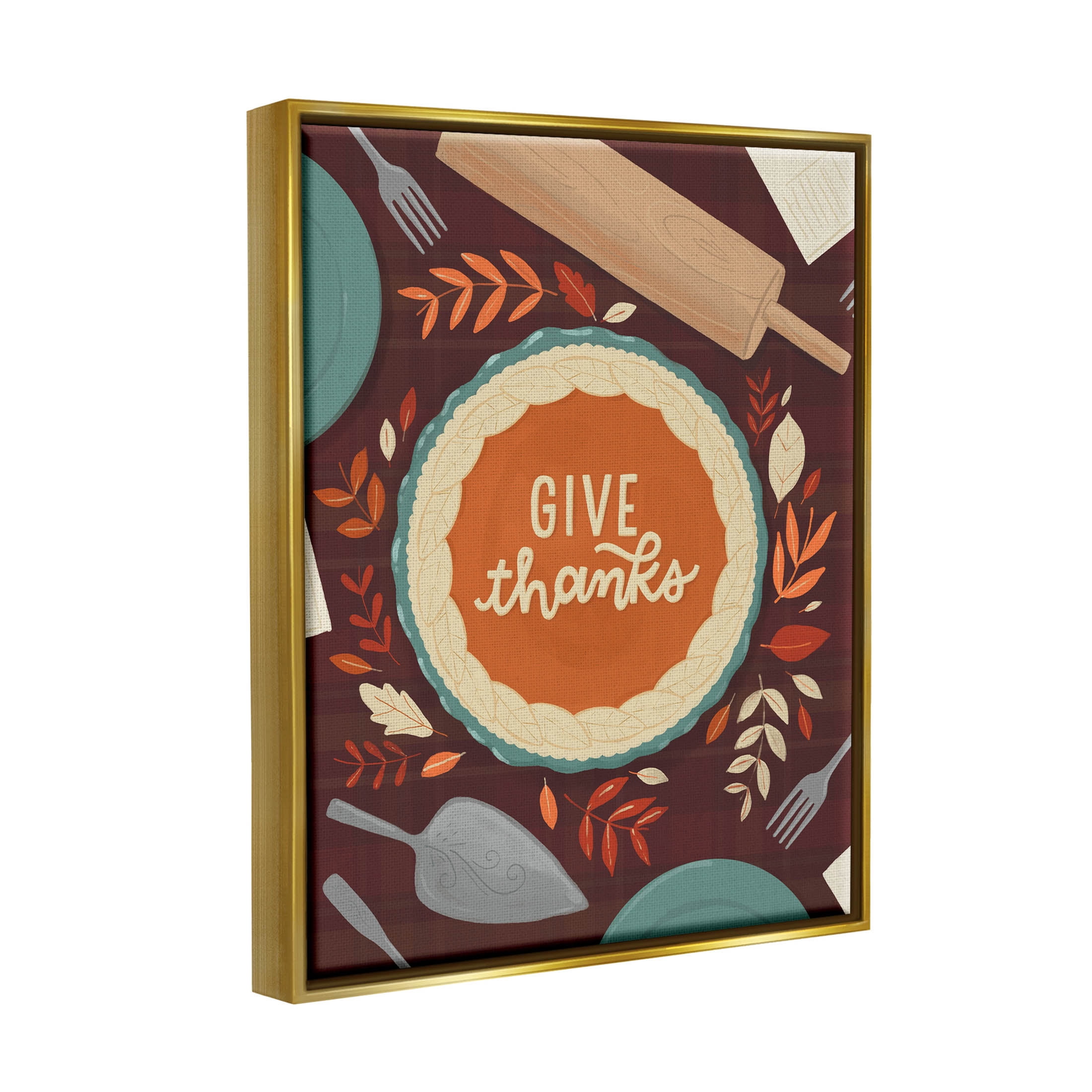 Give Thanks Kitchen Utensils Pattern Holiday Graphic Art Metallic Gold Framed Art Print Wall Art