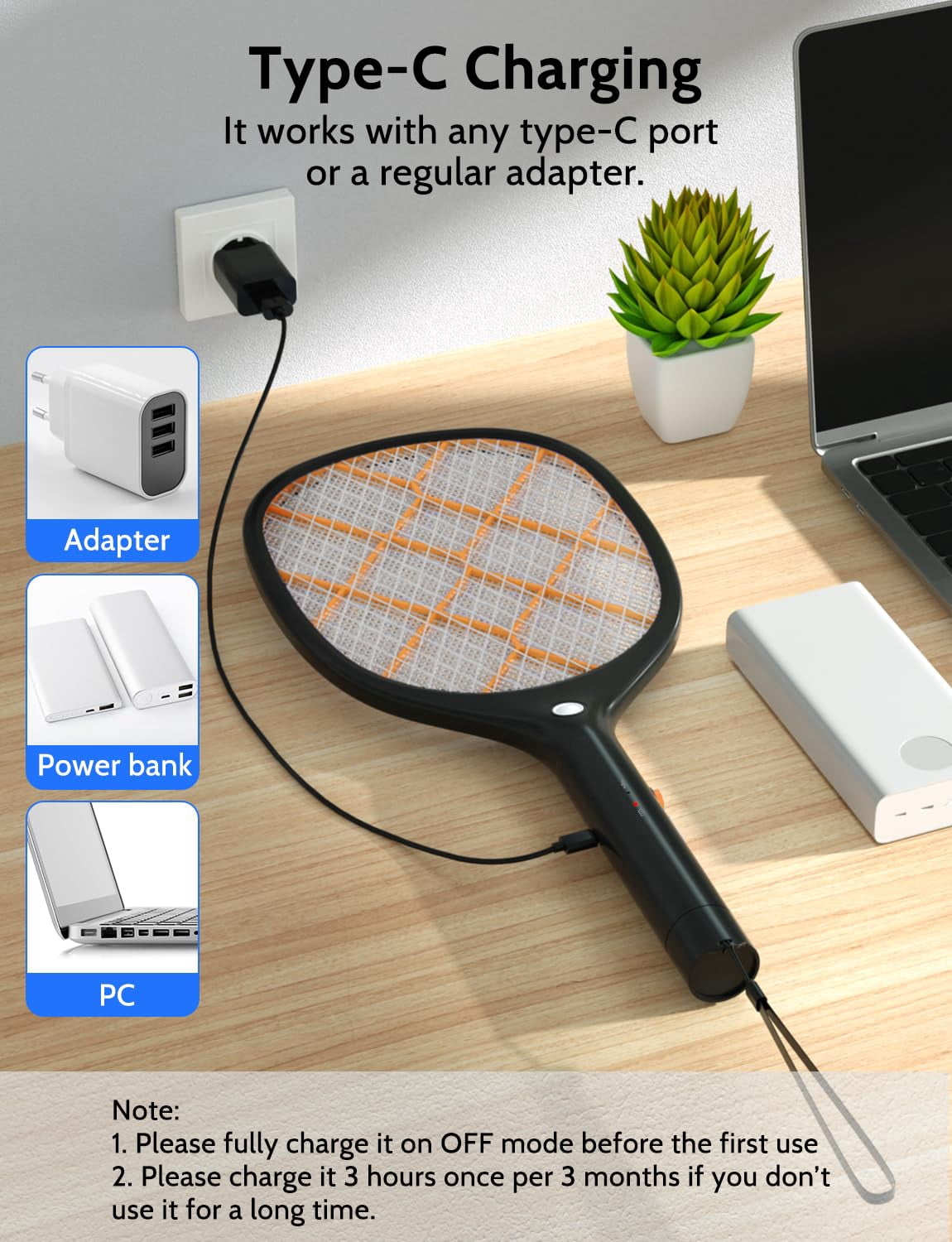 Electric Fly Swatter Zapper Racket 4000v Rechargeable Mosquito Killer With Led Light For Indoor Home Office Backyard Patio Camping (2  Black Orange)