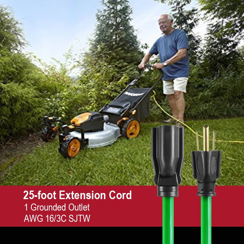 Hyper Tough 25 ft 16 AWG 3-Prong Single Outlet Outdoor Extension Cord, Hi-Vis Green, 125V 13A