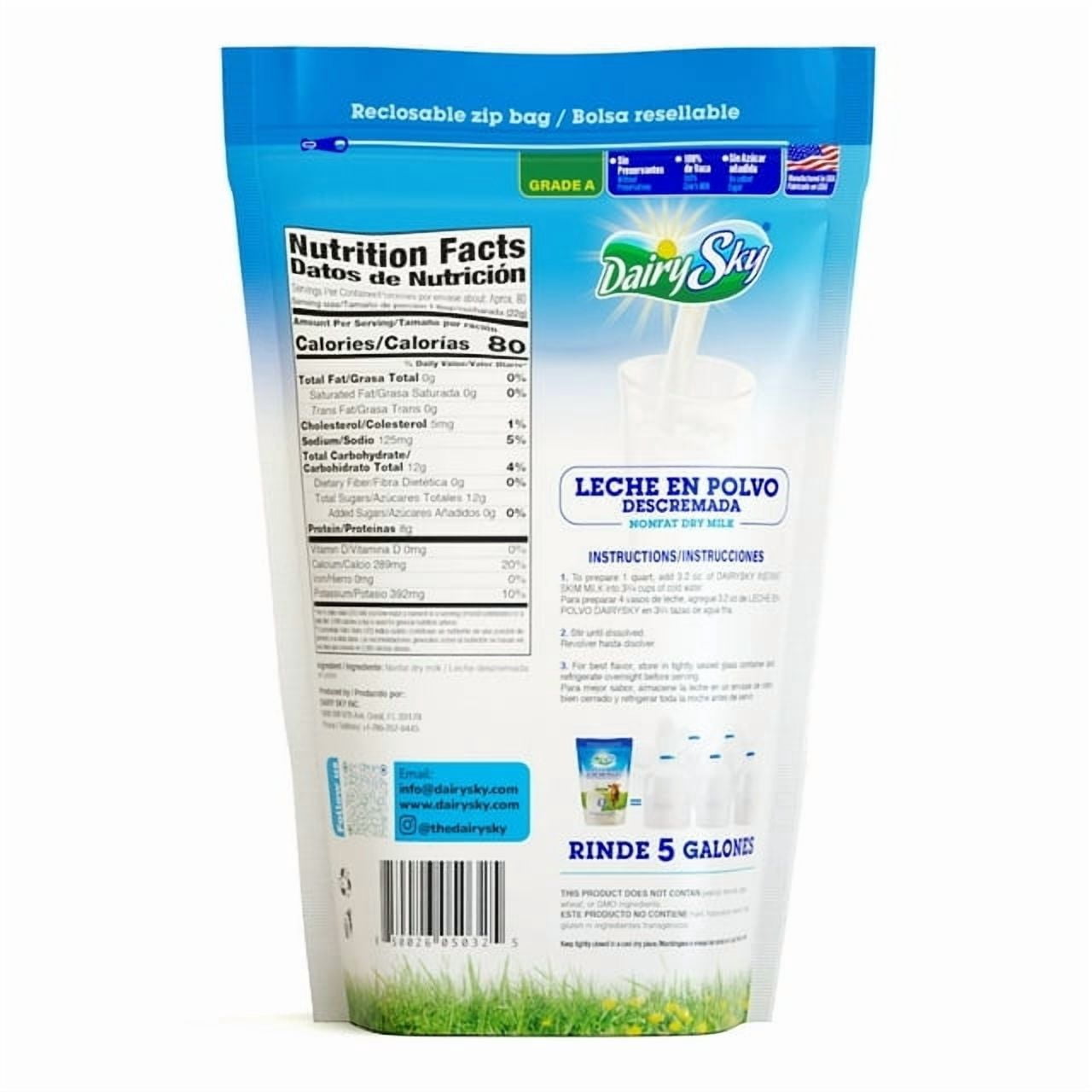 DairySky Nonfat Dry Milk Powder 64 oz | Leche en Polvo Descremada | Grade A Skim Milk Powder, Dry Milk, Resealable Pouch ( pack of 3)