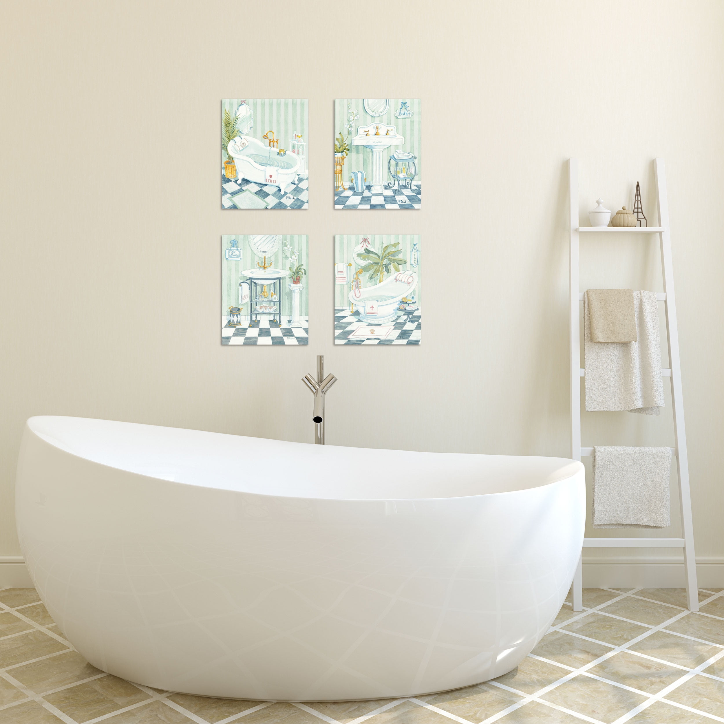 Gango Home Decor Classic Tub And Sink Bathroom Wall Art Four Blue 8x10in Unframed Paper Prints Walmart Com Walmart Com