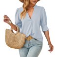 thumbnail image 2 of Timegard Womens Tops Ruched Puff Short Sleeve Stand Collar V Neck Solid Color Casual Work Blouse Summer, 2 of 3