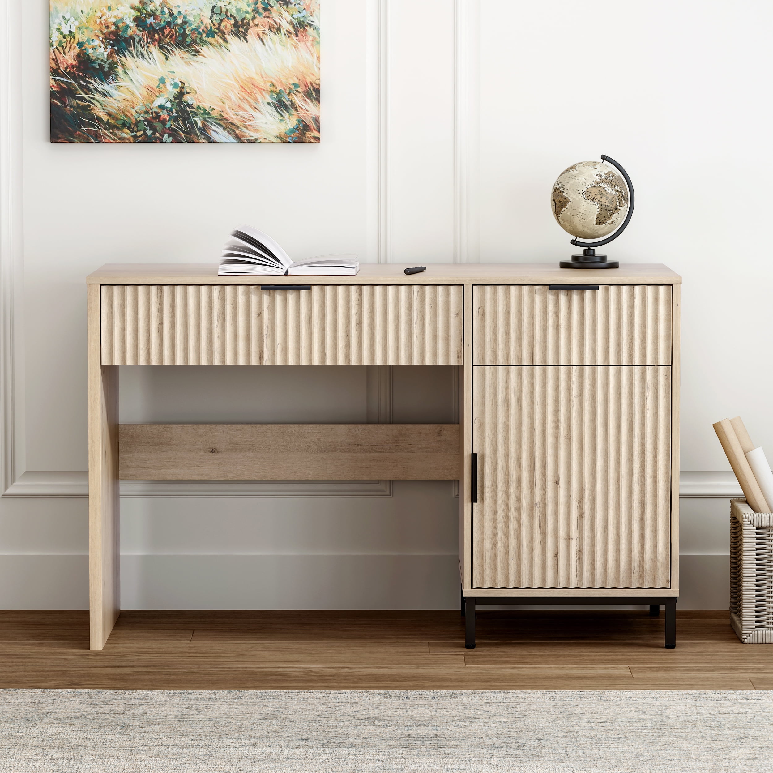 EYYTHUNG 47" Fluted Executive Desk, Modern Wood Home Office Desk with Charging Station, Drawer & Cabinet, Computer Writing Desk