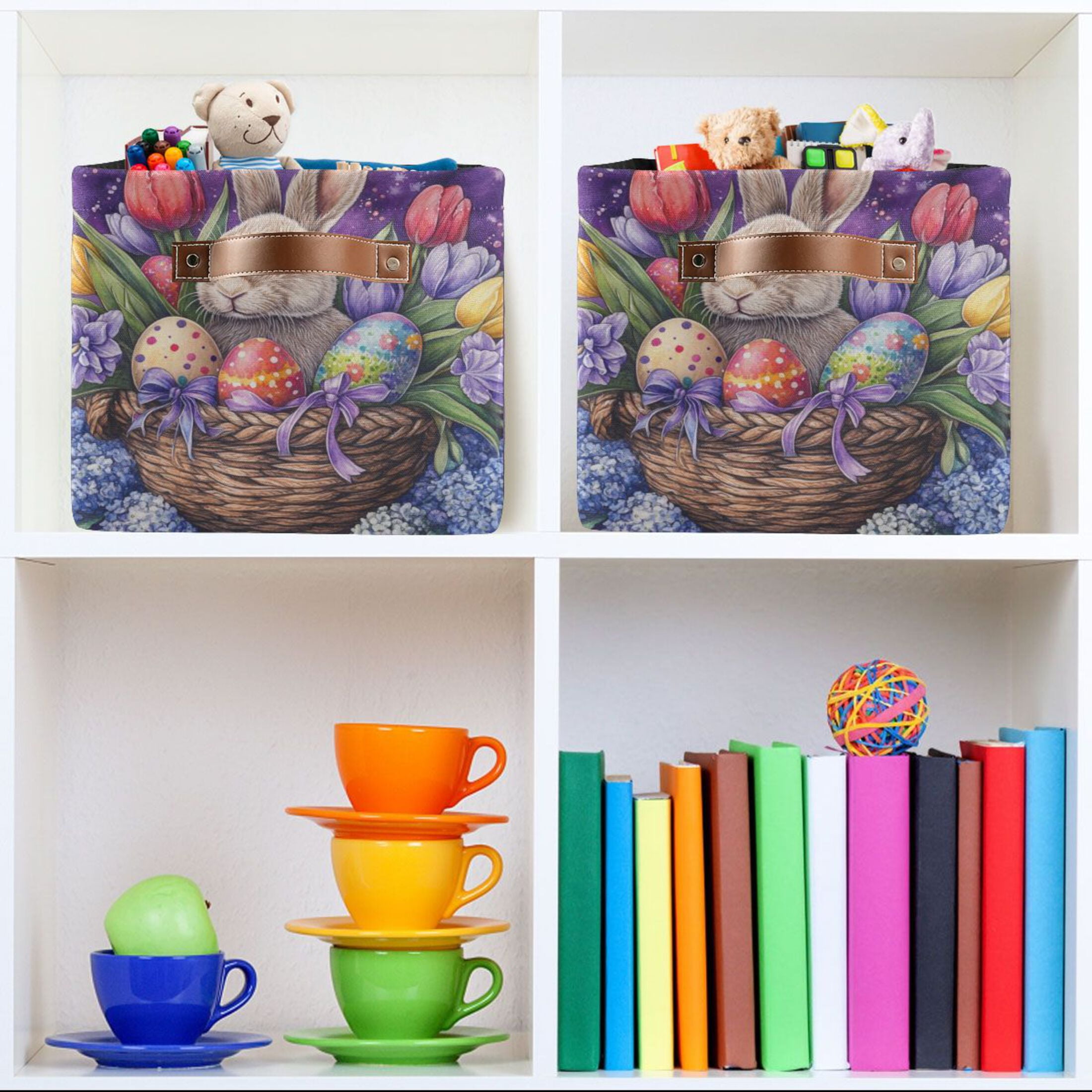WOBOGO Easter Rabbit Purple Pattern Square Storage Basket with Waterproof Canvas and PE Lining Durable PU Leather Handles 14.2×10.2×8.3in