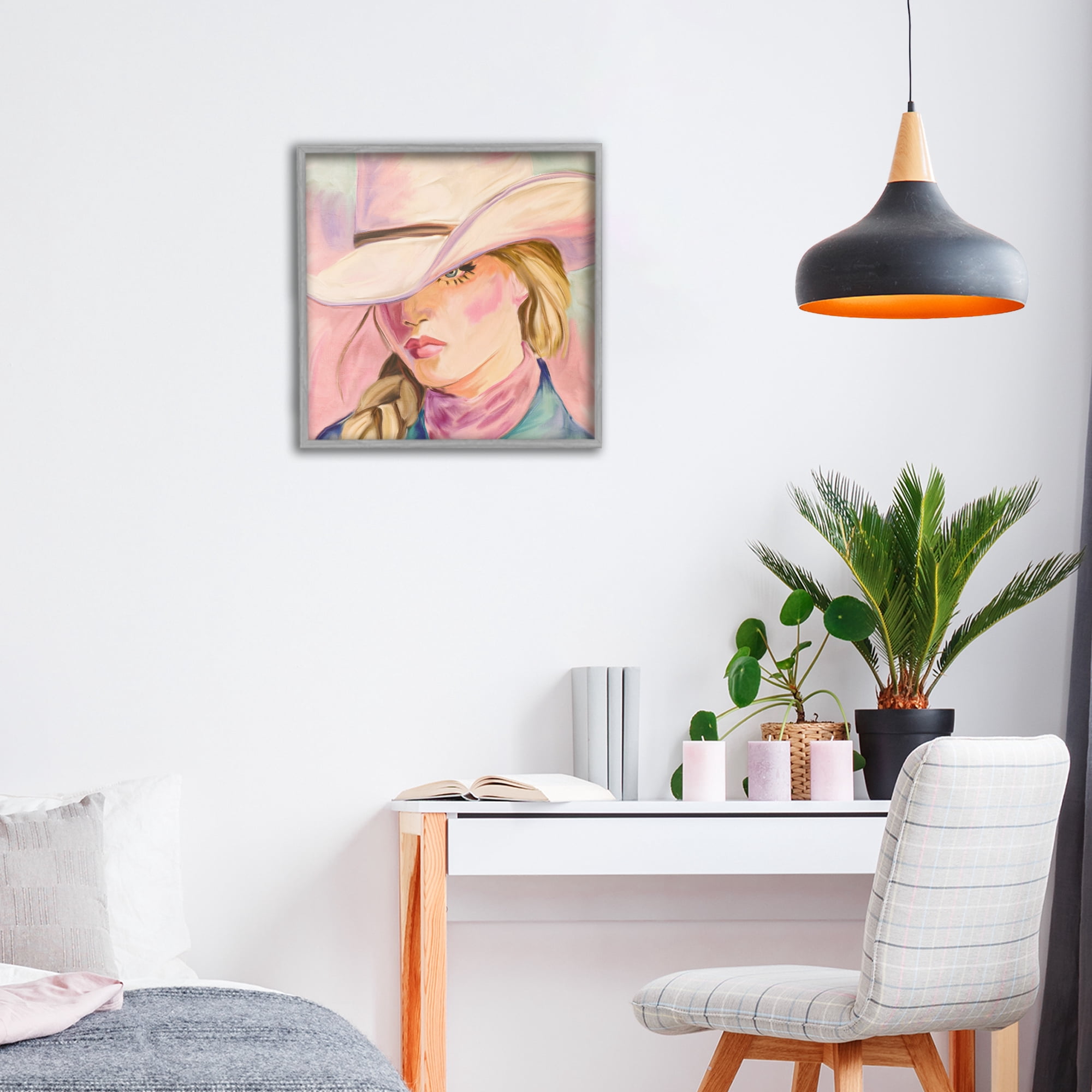 Pastel Cowgirl Gaze Beneath Hat Gray Framed Giclee Art, design by Kim Allen