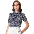 thumbnail image 1 of INSPIRE CHIC Blusa floral con cuello alto y manga corta con lazo y botones para mujer Azul S, 1 of 6